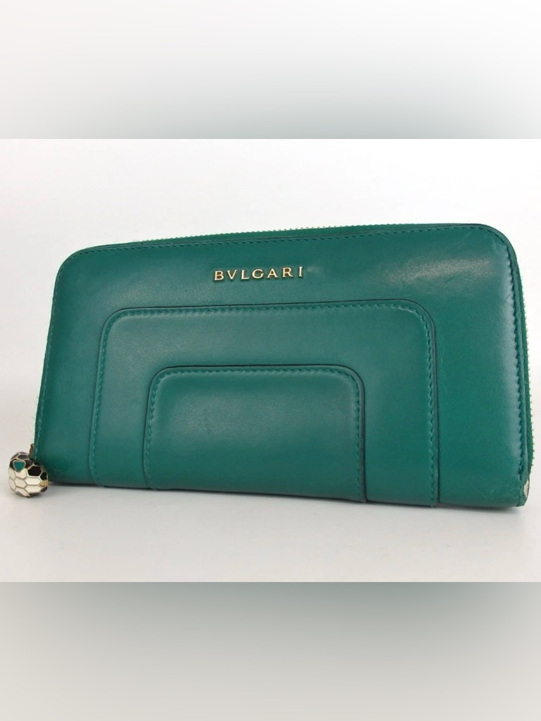 Bulgari Emerald Green Zip-Around Leather Wallet With Serpenti Charm